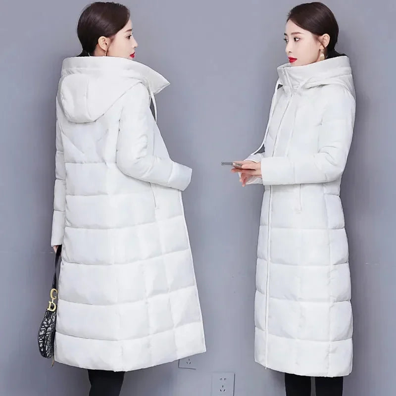 White long down puffer coat with a hood and quilted pattern for women.