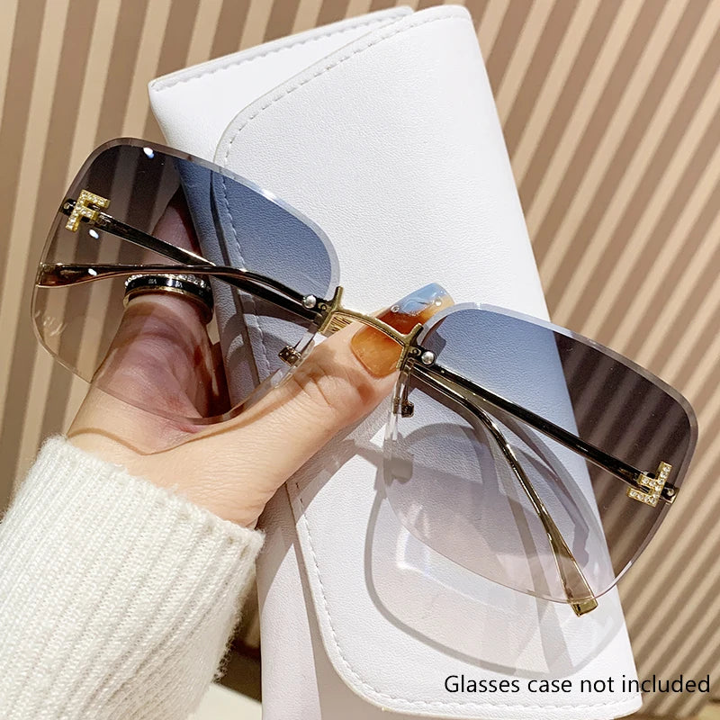 Featherlight Rimless Sunglasses Large Square Frame with Diamond Accent