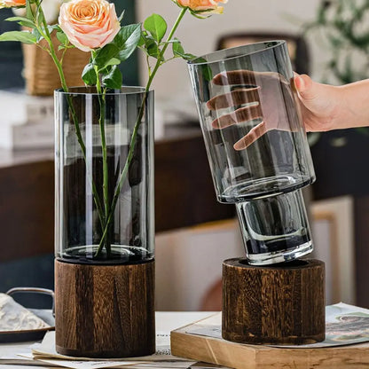 Crystal Glass Vase With Solid Wood Base In Modern Style With Slim Profile For Centerpiece Display