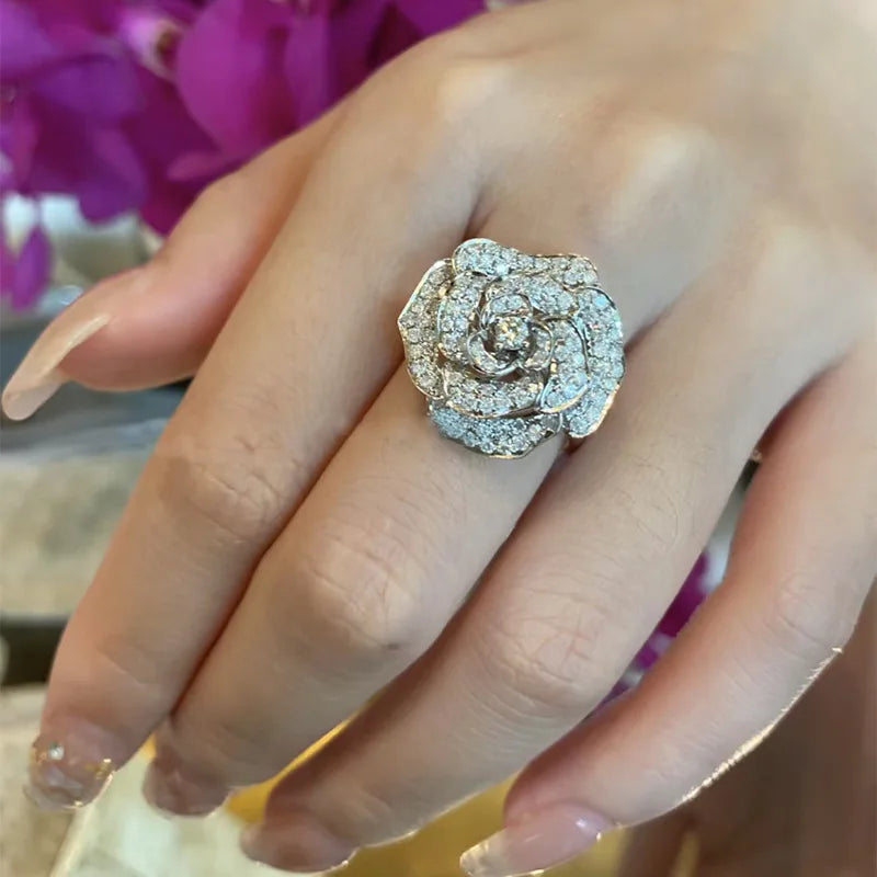 Lab-Grown Ring with Emerald-Cut Diamond Flower Core in Sterling Silver