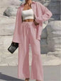 Fashion Solid Set For Women Casual Long Sleeve Turn-down Collar Shirt Tops+High Waist Wide Leg Pants 2 Pieces Sets Lady Clothes