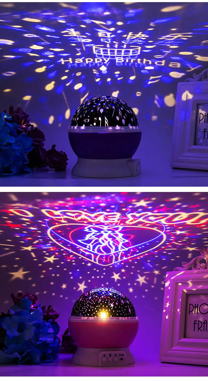 Round purple LED galaxy projector displaying colorful birthday and heart projections for bedroom ambiance.