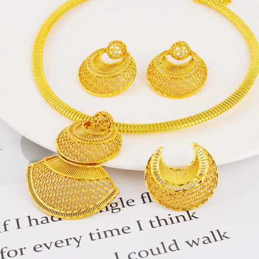 Dubai Gold Jewelry Set For Women Indian Earring Necklace Ring Nigeria Moroccan Bridal Accessorie Wedding Party Gift