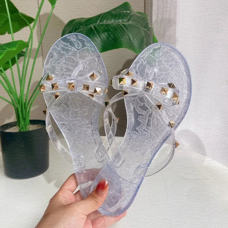 Studded Flat Bot Thong Slippers Holiday Beach Sandals Women's Jelly Slip-On oes Comfortable Casual PVC Footwear
