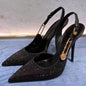 Sequined Slingback Pumps with Rhinestone Buckle for Women featuring Slim 9.6 cm Heel