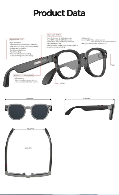 Black lightweight smart wearable glasses with a built-in 8MP camera, touch controls, and flash for travel translation.