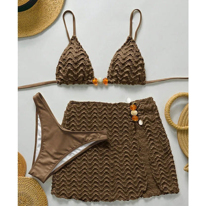 Women's Halter Push-Up Three-Piece Bikini Set with Skirt Cover-Up