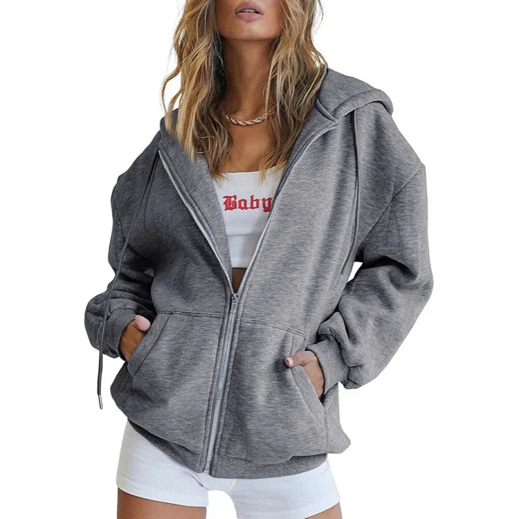 Women's Cotton Blend Hooded Sweatshirt With Zipper And Drawstring Pocket Long Sleeve