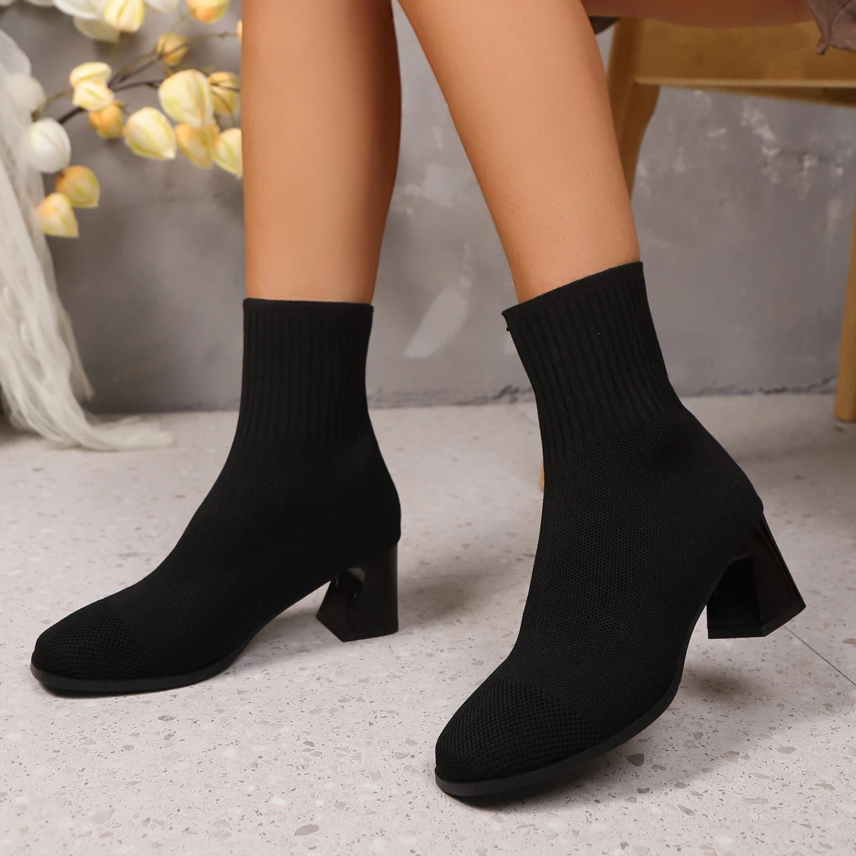 Women's Knitted Heel Boots 2025 - Yellow Beige Fashion Elastic Sock Boots with Square Heel