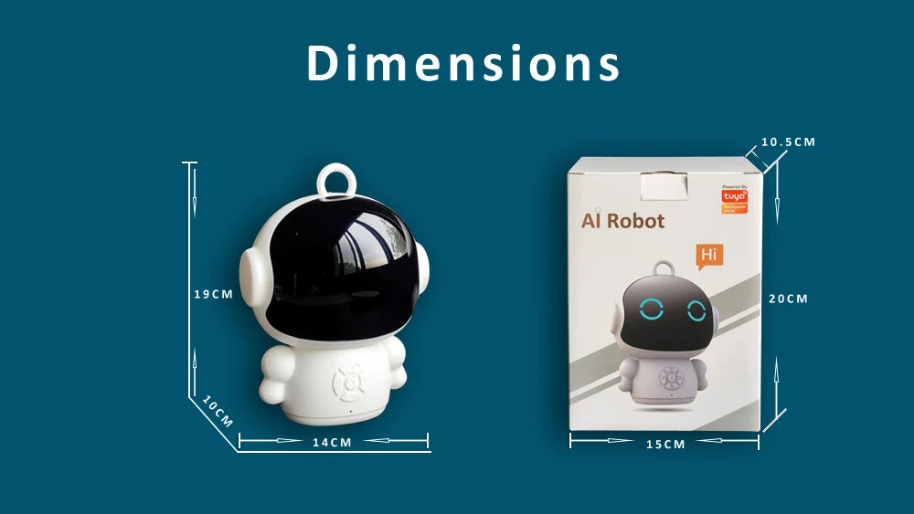 White and black plastic education robot with voice interaction features shown with dimensions and retail packaging.