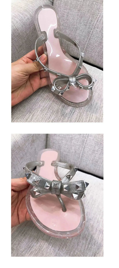 Studded Flat Bot Thong Slippers Holiday Beach Sandals Women's Jelly Slip-On oes Comfortable Casual PVC Footwear