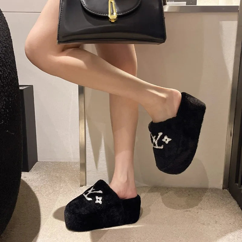 Warm Slippers for Women Indoor Non Slip Plush Traction Rubber Sole With Wedge Heel