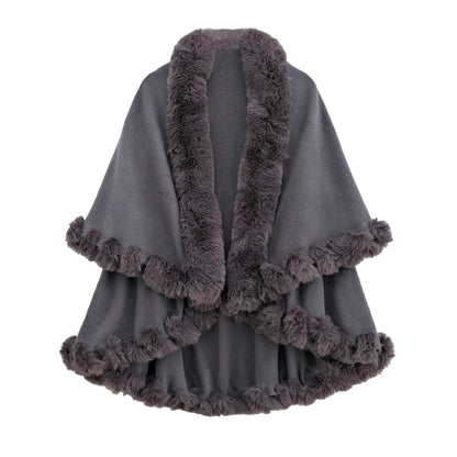 Double Layer Faux Fur Trim Womens Knitted Poncho Shawl Warm Cape Multiple Colors Ideal for Fall and Winter Daily and Formal Wear