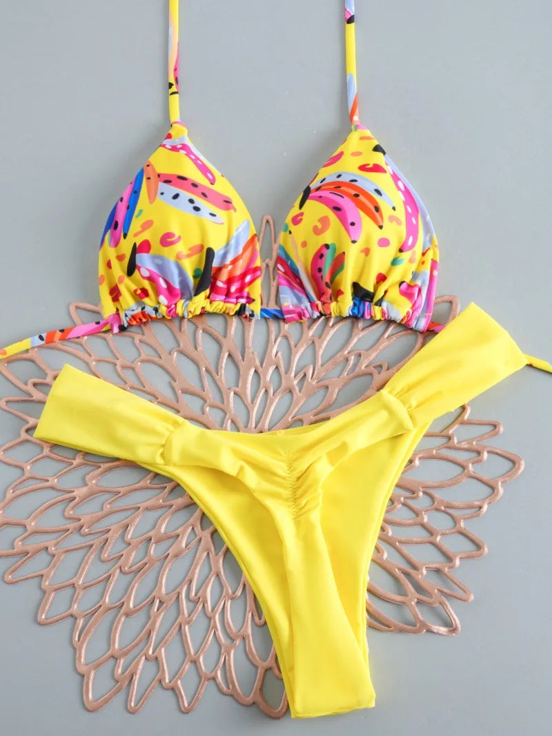 Women's Triangle Lace-Up Bikini Set with Adjustable Straps and Thong Bottom