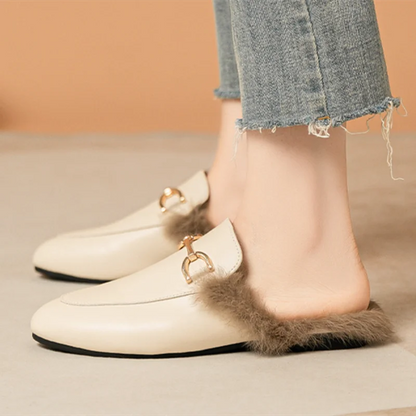 Womens Luxury Metal Chain Fur Mules