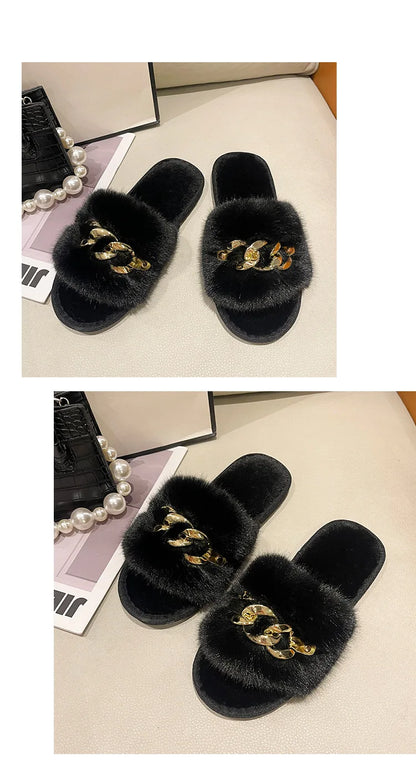 Plush Slippers for Women with Chain Detail and Cushioned Sole