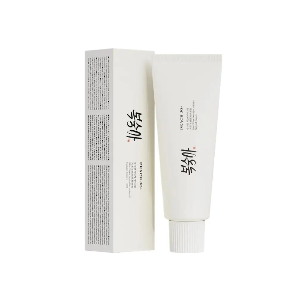 White 50g SPF50+ rice extract moisturizing cream tube and matching box with black text.
