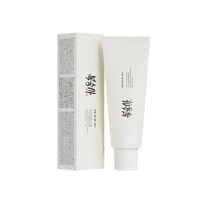 White 50g SPF50+ rice extract moisturizing cream tube and matching box with black text.