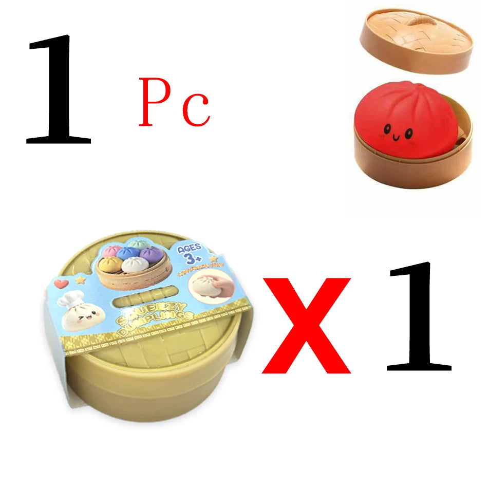 Red silicone dumpling squishy toy with a face in a tan plastic steamer basket for tactile sensory fidget toys and play.