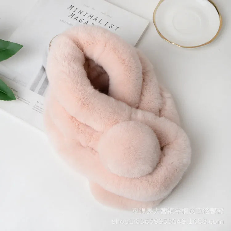 Light pink rabbit fur scarf with a triple-tube design, short style, and a matching pom-pom accent.