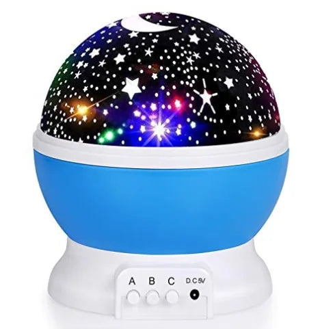 Blue and white dome LED night light projecting colorful stars for bedroom decor.