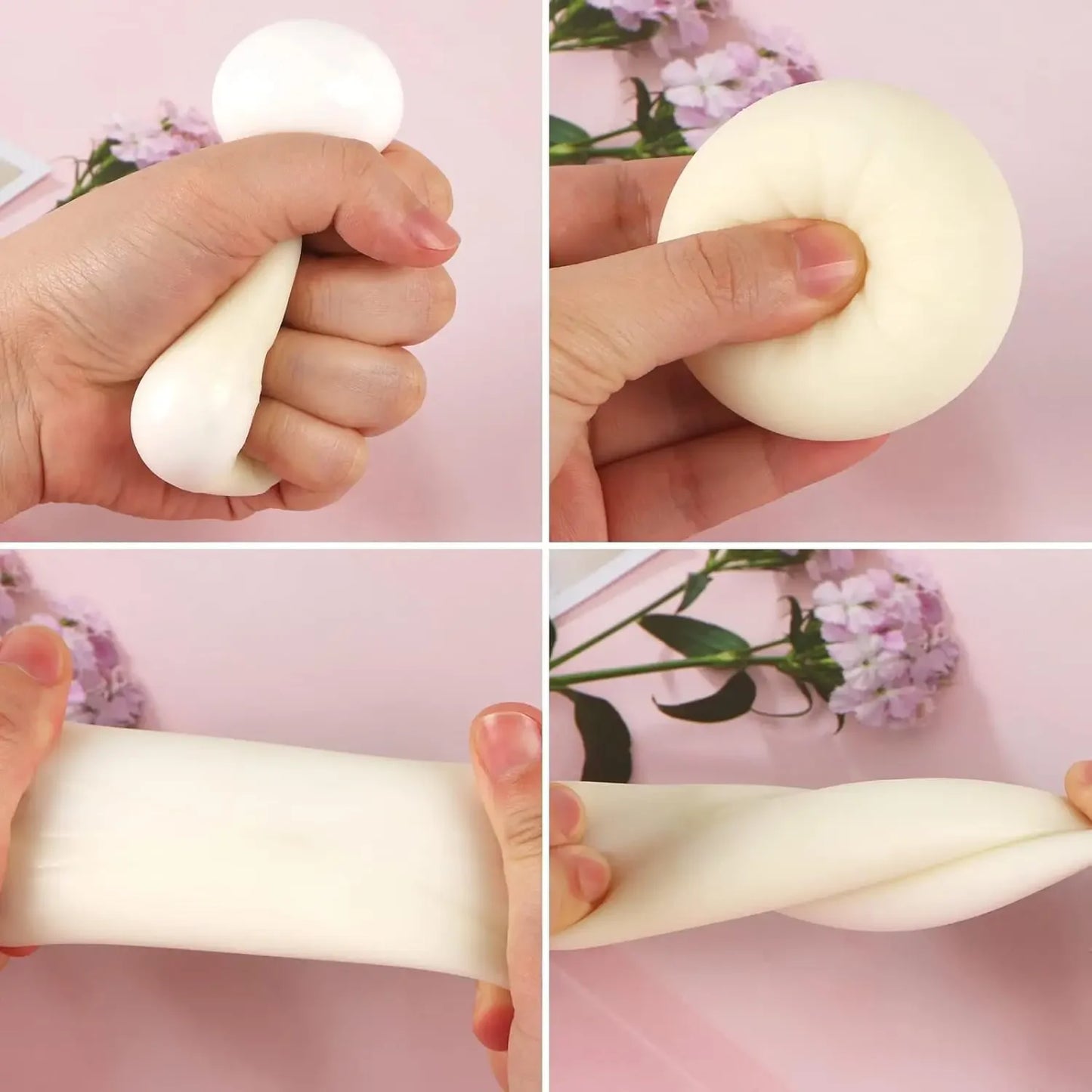 White, soft, stretchy dumpling and steamed bun squishy fidget toy set for sensory stress relief.