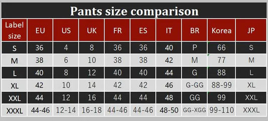 Joggers size comparison chart for thermal lounge pants with international size conversions