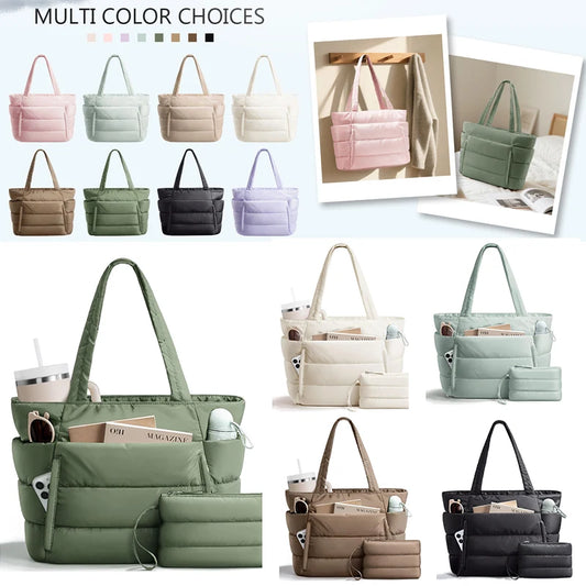Multi-color, quilted polyester tote bag with multi-pocket design for travel and work organization.