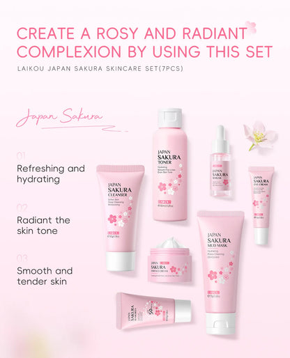 Korean Sakura Skincare Set Hydration Moisturize Cleanse Pores Sunscreen Protection Cosmetic Beauty