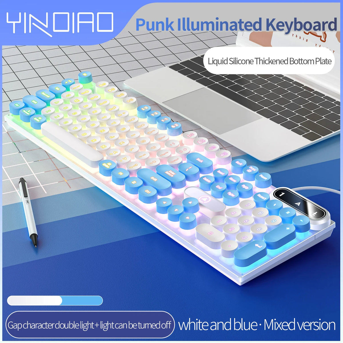 Mechanical keyboard with round retro LED backlit keys and numeric keypad