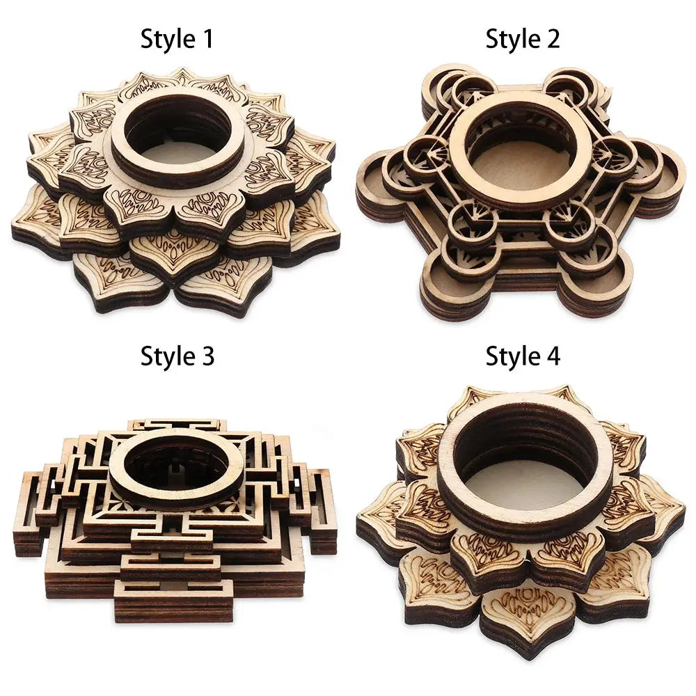 Four styles of light brown wooden crystal ball stands with laser-cut geometric and lotus petal designs.
