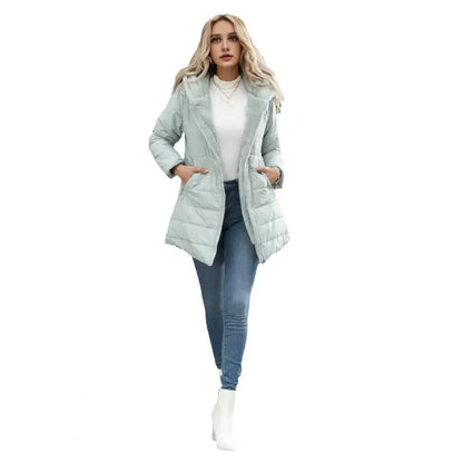 Women's long hooded puffer coat with full zip and pockets