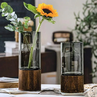 Crystal Glass Vase With Solid Wood Base In Modern Style With Slim Profile For Centerpiece Display