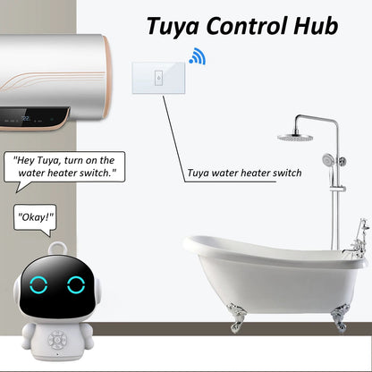White plastic voice interaction robot toy with black digital face screen controls smart home water heater for kids.