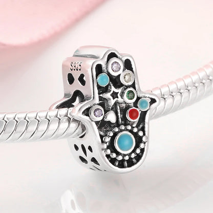 925 Silver Blue Enamel Fatima Hand Charm - DIY Jewelry Beads for Charm Bracelets
