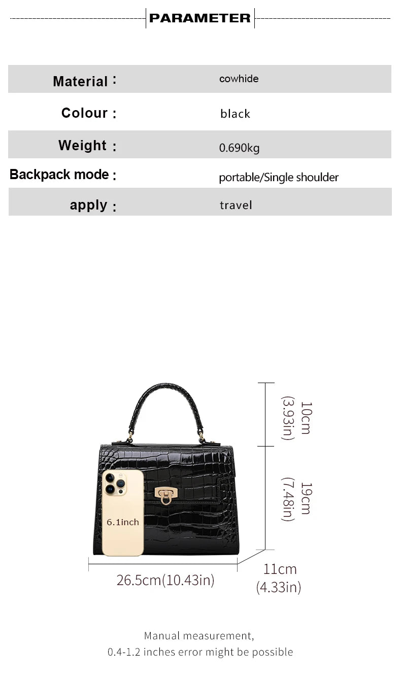 Black crocodile-pattern cowhide handbag with gold lock and top handle, showing size dimensions and a phone for scale.
