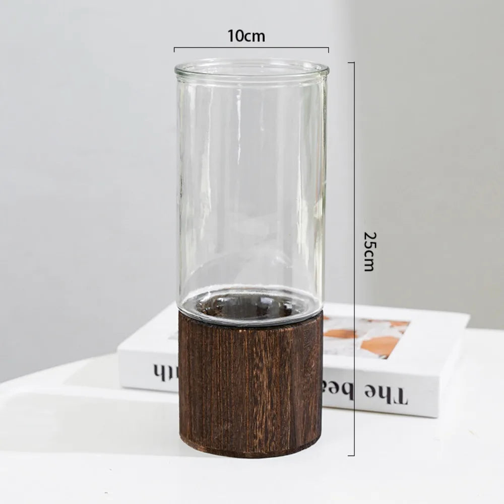 Crystal Glass Vase With Solid Wood Base In Modern Style With Slim Profile For Centerpiece Display