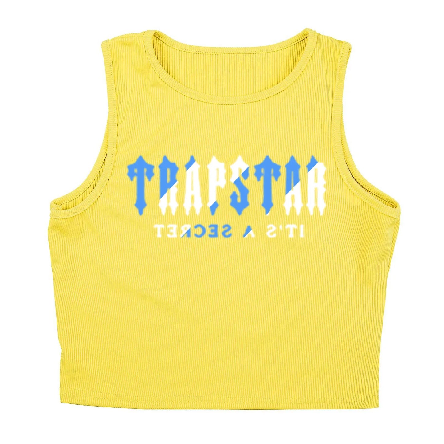 Bright yellow ribbed knit tank top with blue and white letter print for casual everyday wear.