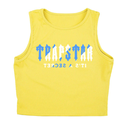 Bright yellow ribbed knit tank top with blue and white letter print for casual everyday wear.