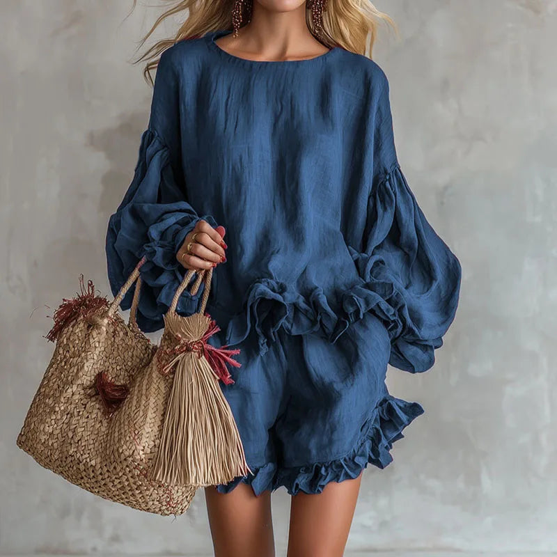 Women’s two-piece set with lantern-sleeve top and shorts