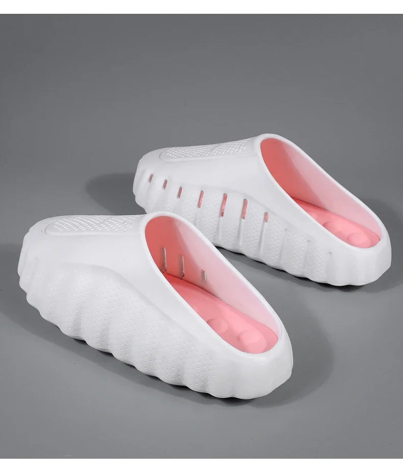 White and pink rubber platform sandals with a textured, cushioned finish for daily wear.