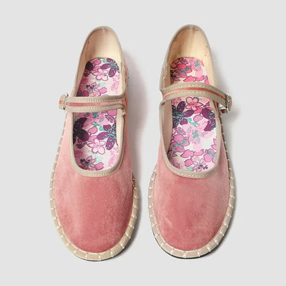 Women's floral-lined Mary Jane flats with buckle strap