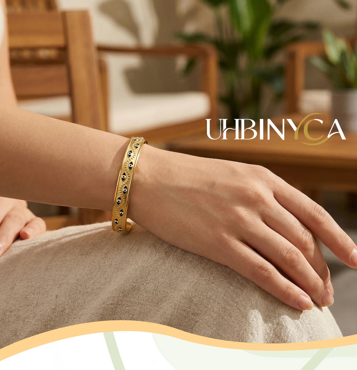 Women’s stainless steel cuff bracelet with an evil eye motif