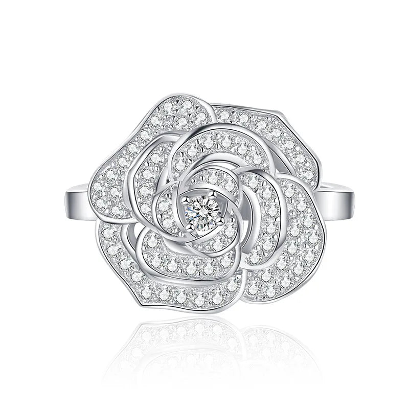 Lab-Grown Ring with Emerald-Cut Diamond Flower Core in Sterling Silver