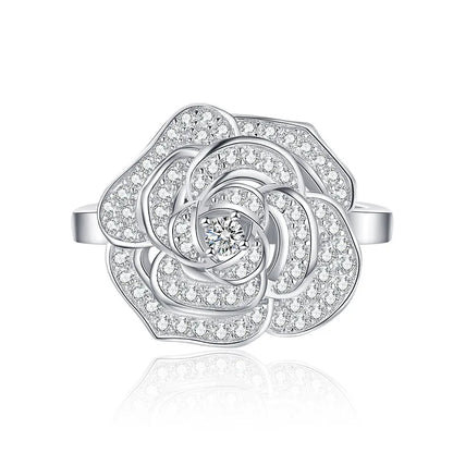 Lab-Grown Ring with Emerald-Cut Diamond Flower Core in Sterling Silver