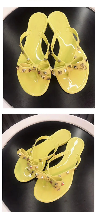 Studded Flat Bot Thong Slippers Holiday Beach Sandals Women's Jelly Slip-On oes Comfortable Casual PVC Footwear