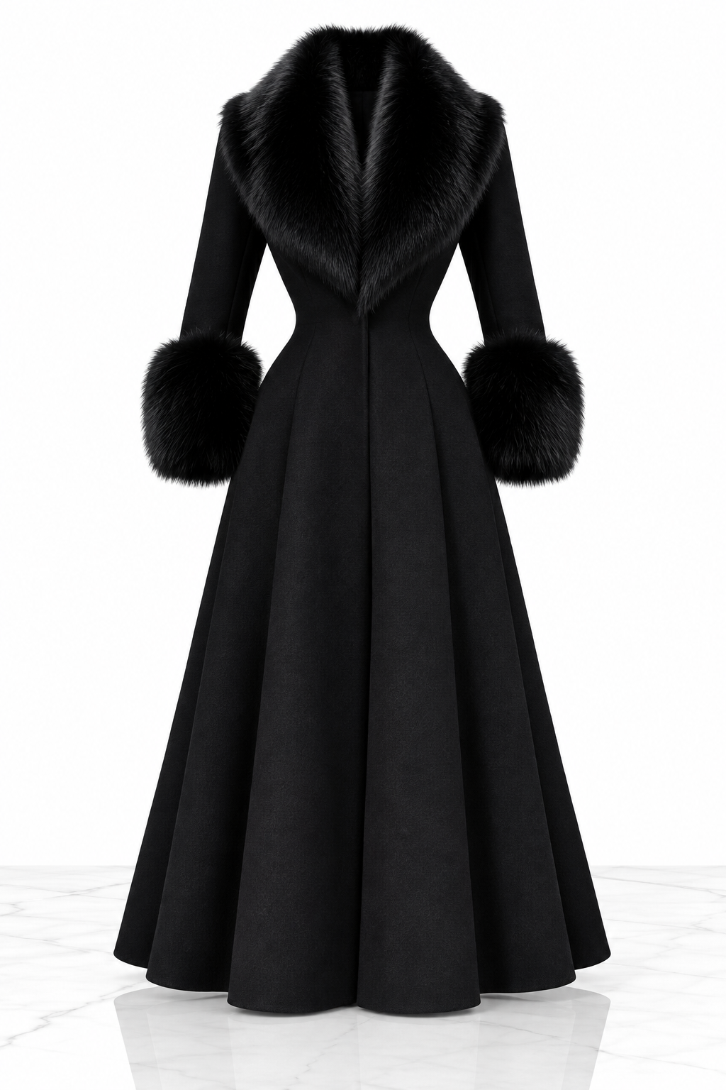 Women's wool-blend maxi coat with faux fur collar and cuffs