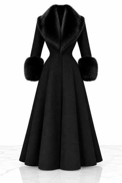 Women's wool-blend maxi coat with faux fur collar and cuffs
