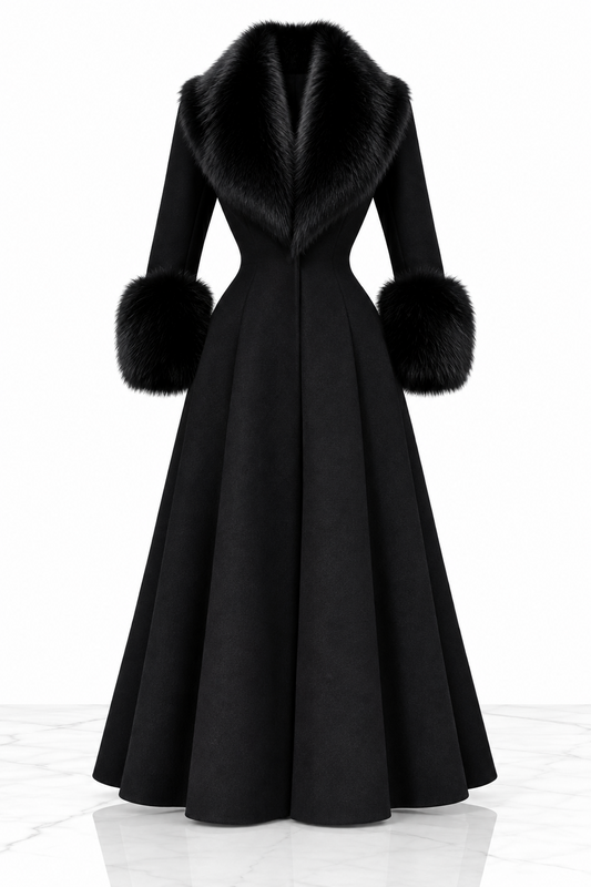 Women's black wool-blend maxi coat with plush faux fur collar and cuffs