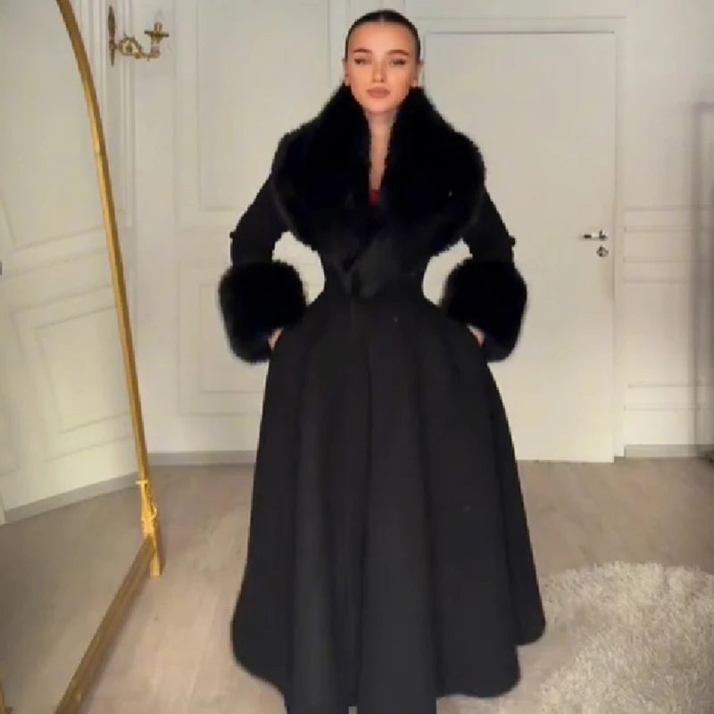 Women's wool-blend maxi coat with faux fur collar and cuffs